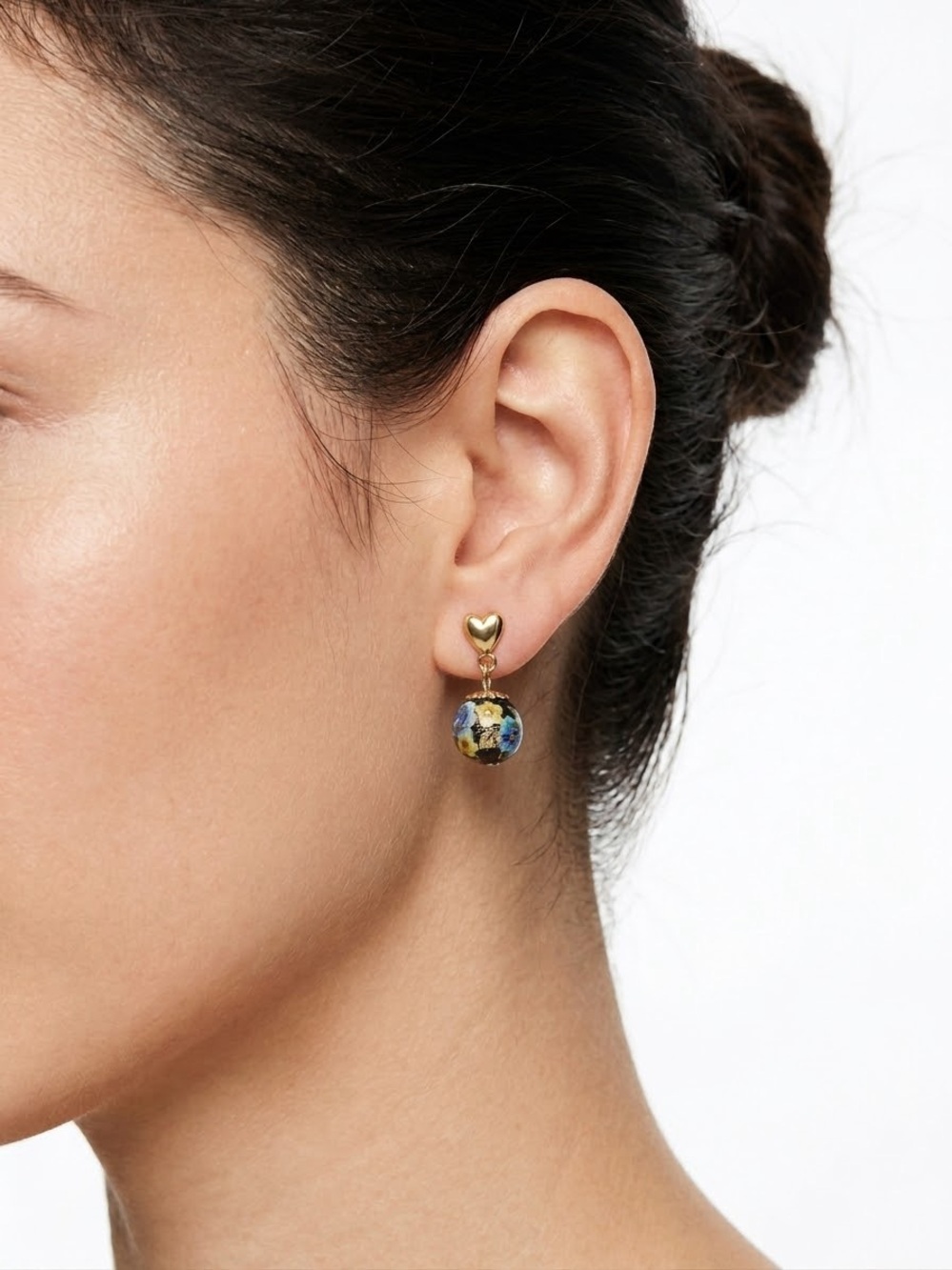Vintage Gold Heart Drop Earrings with Blue Floral Bead Closinee